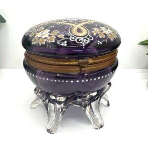 Vintage Purple Glass Dusting Powder Jar With Gold Accents & Clear Footed Base